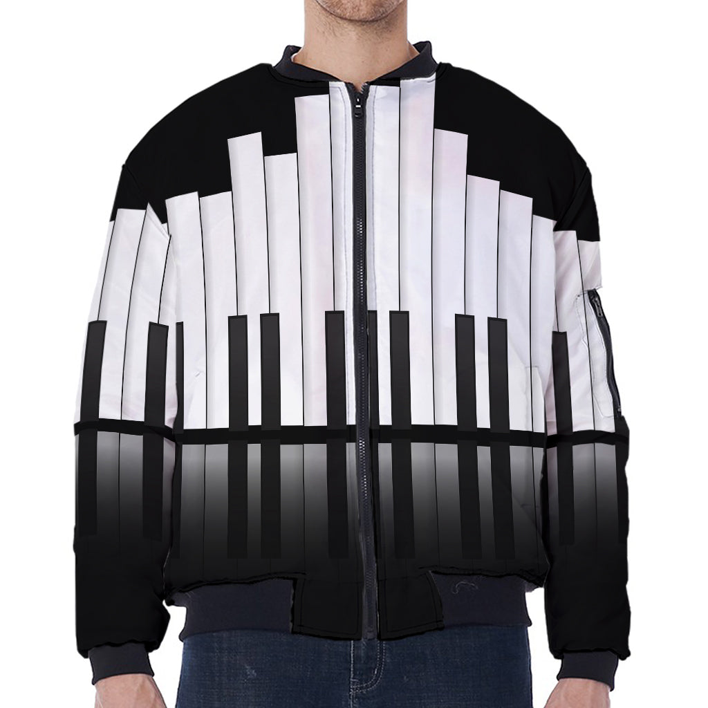 Black And White Piano Keyboard Print Zip Sleeve Bomber Jacket