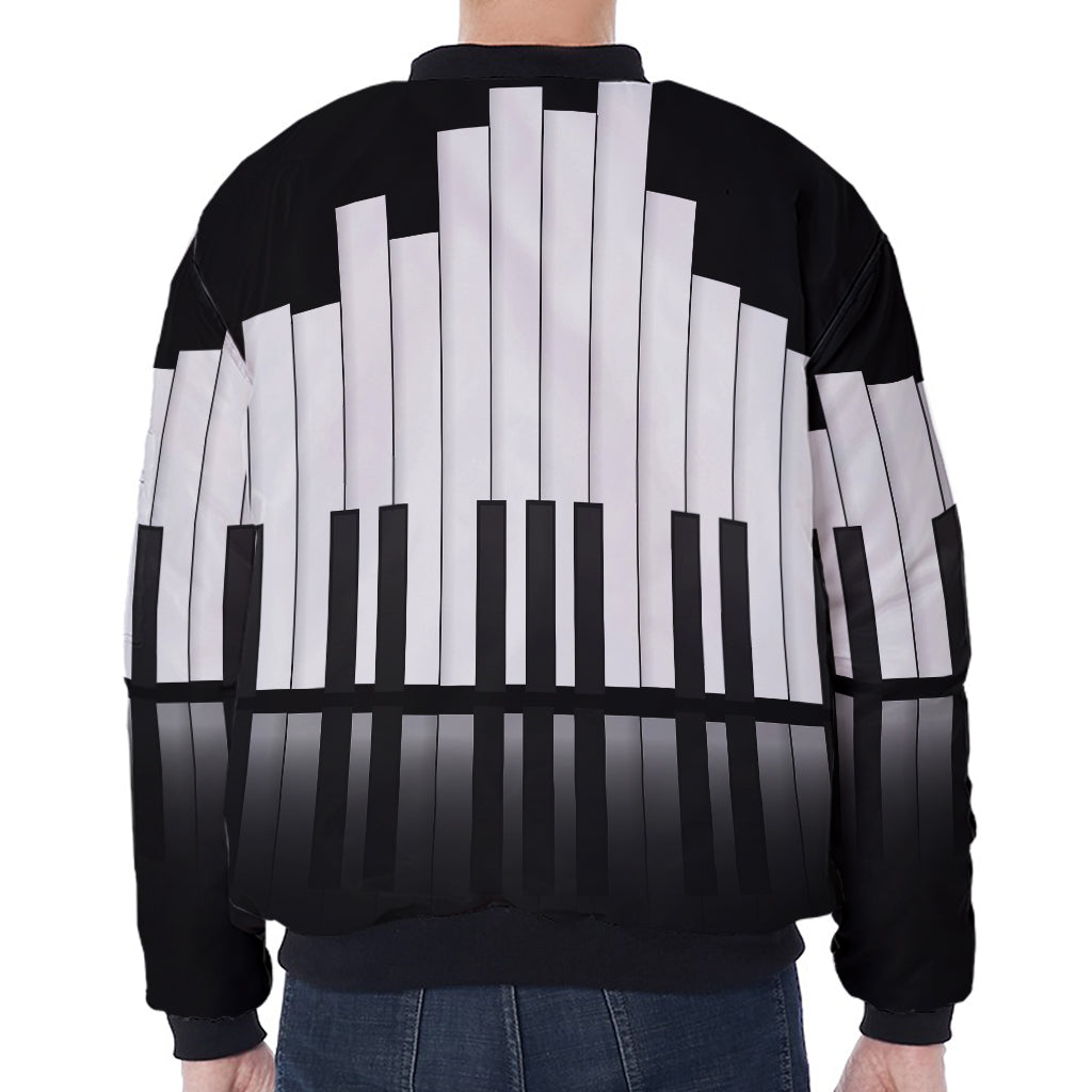 Black And White Piano Keyboard Print Zip Sleeve Bomber Jacket