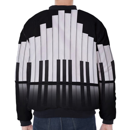 Black And White Piano Keyboard Print Zip Sleeve Bomber Jacket