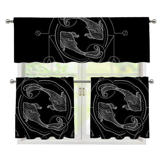 Black And White Pisces Sign Print 3 Piece Kitchen Curtains