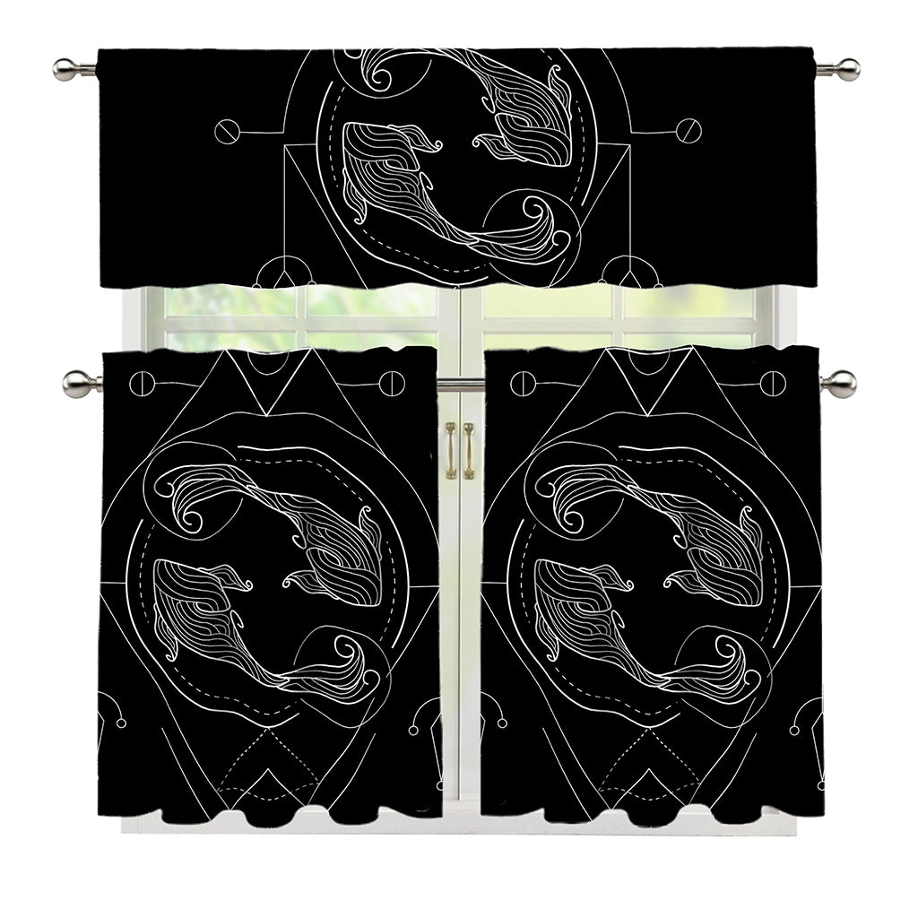 Black And White Pisces Sign Print 3 Piece Kitchen Curtains