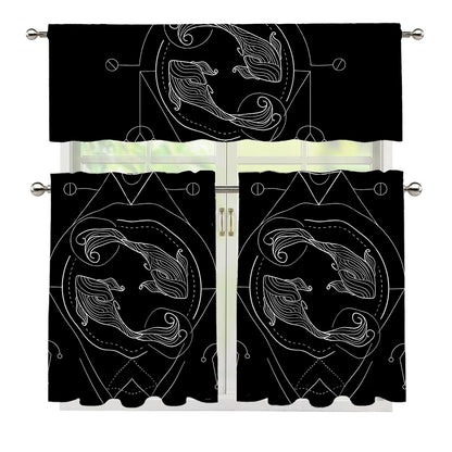 Black And White Pisces Sign Print 3 Piece Kitchen Curtains