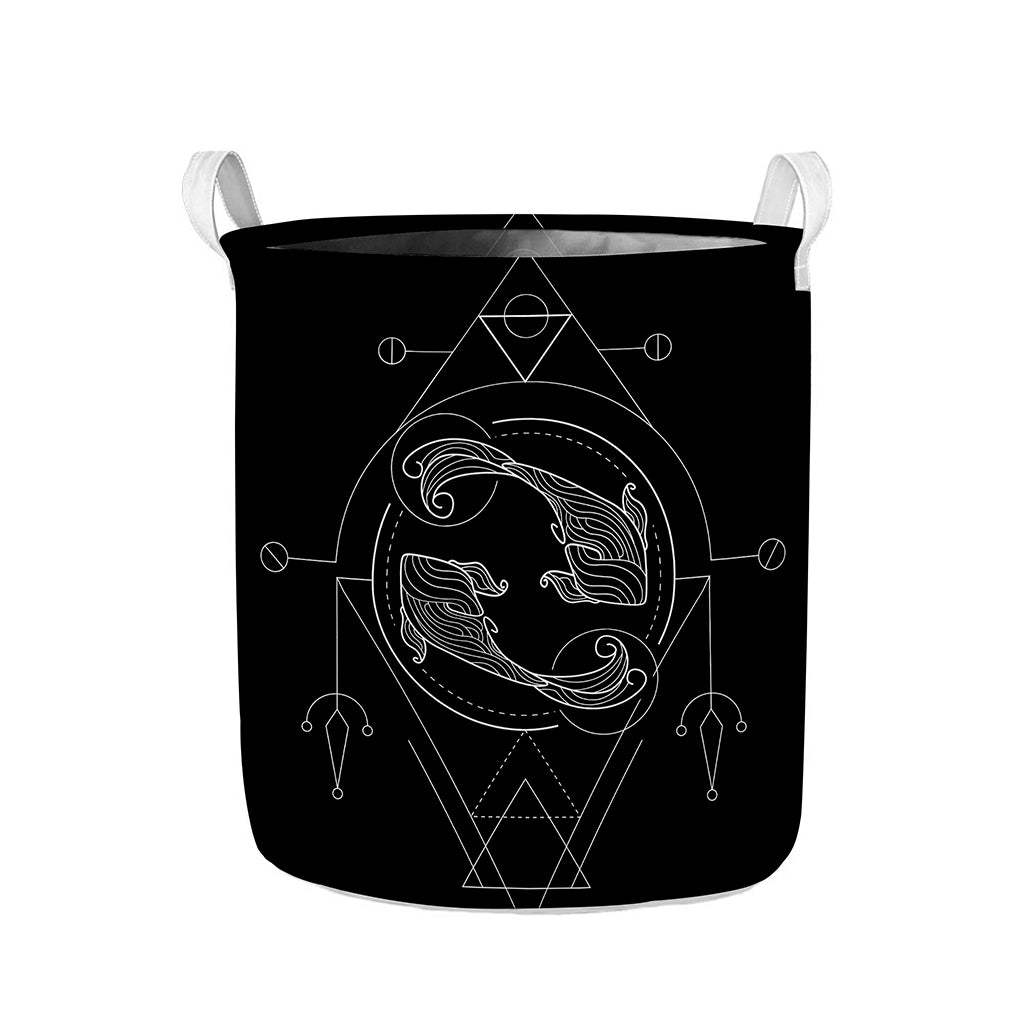 Black And White Pisces Sign Print Collapsible Laundry Basket