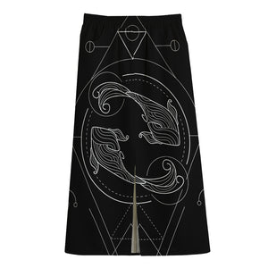 Black And White Pisces Sign Print Cotton Front Slit Maxi Skirt