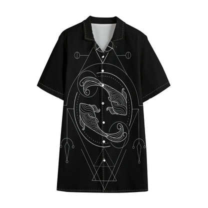 Black And White Pisces Sign Print Cotton Hawaiian Shirt