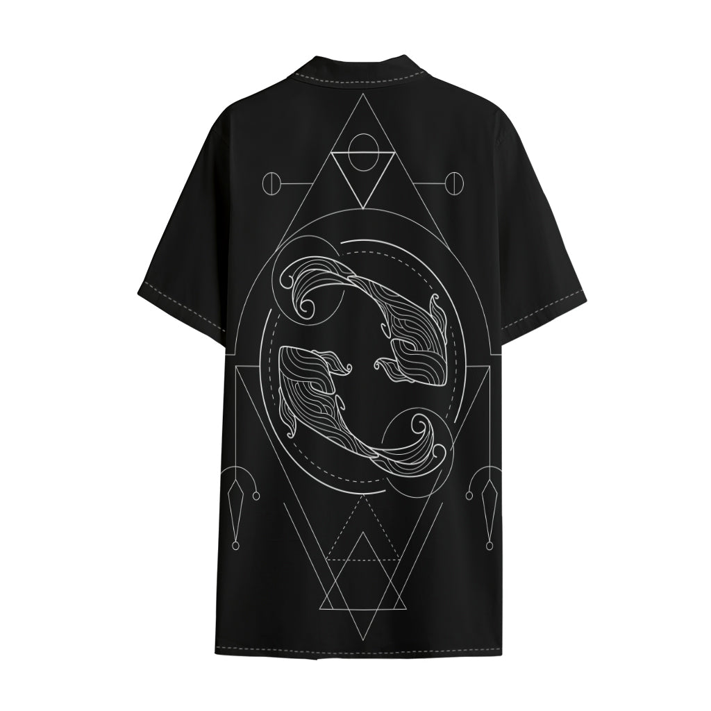 Black And White Pisces Sign Print Cotton Hawaiian Shirt
