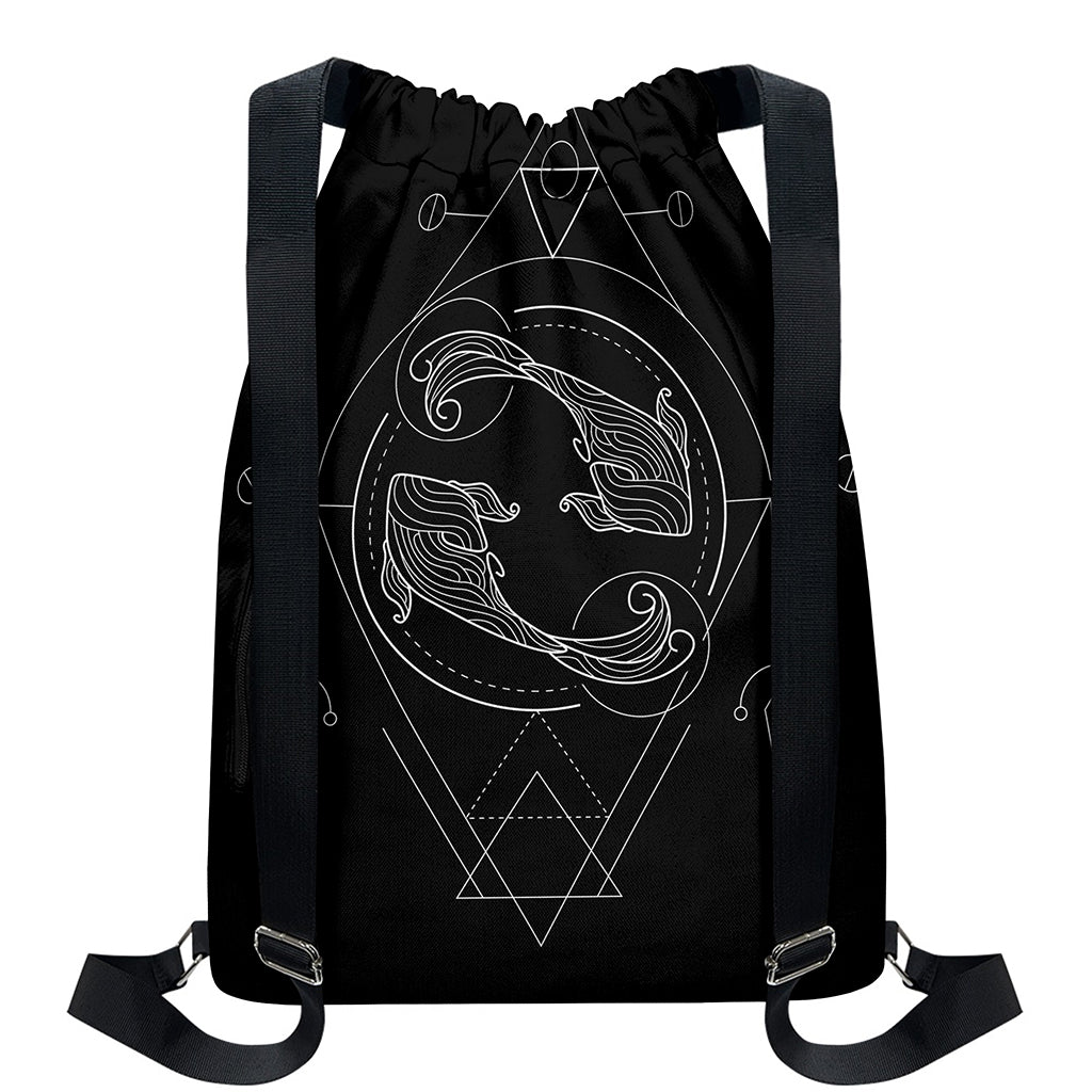 Black And White Pisces Sign Print Drawstring Backpack