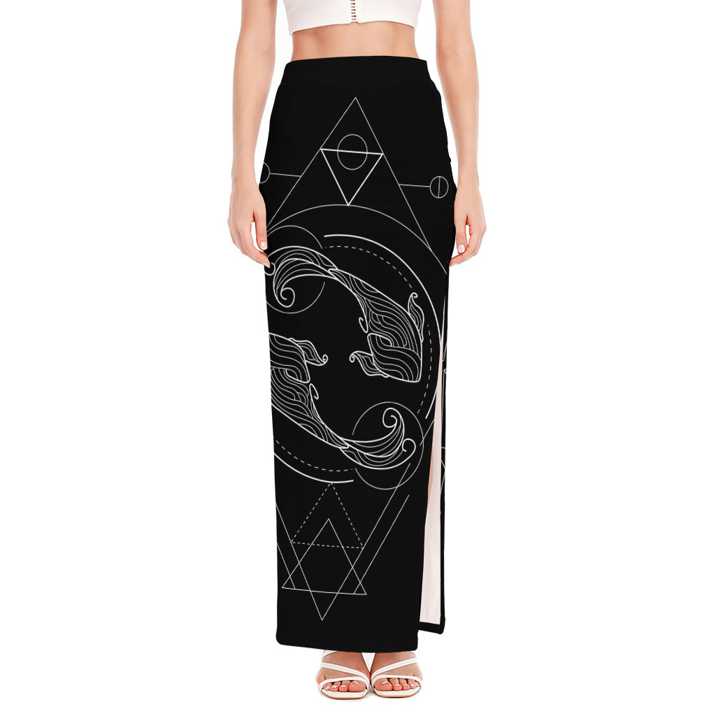 Black And White Pisces Sign Print High Slit Maxi Skirt