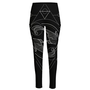 Black And White Pisces Sign Print High-Waisted Pocket Leggings