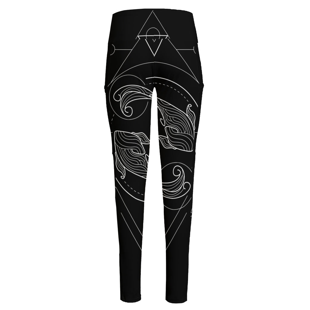 Black And White Pisces Sign Print High-Waisted Pocket Leggings