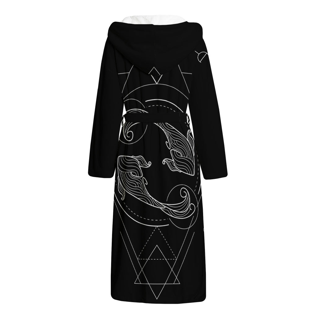 Black And White Pisces Sign Print Hooded Bathrobe