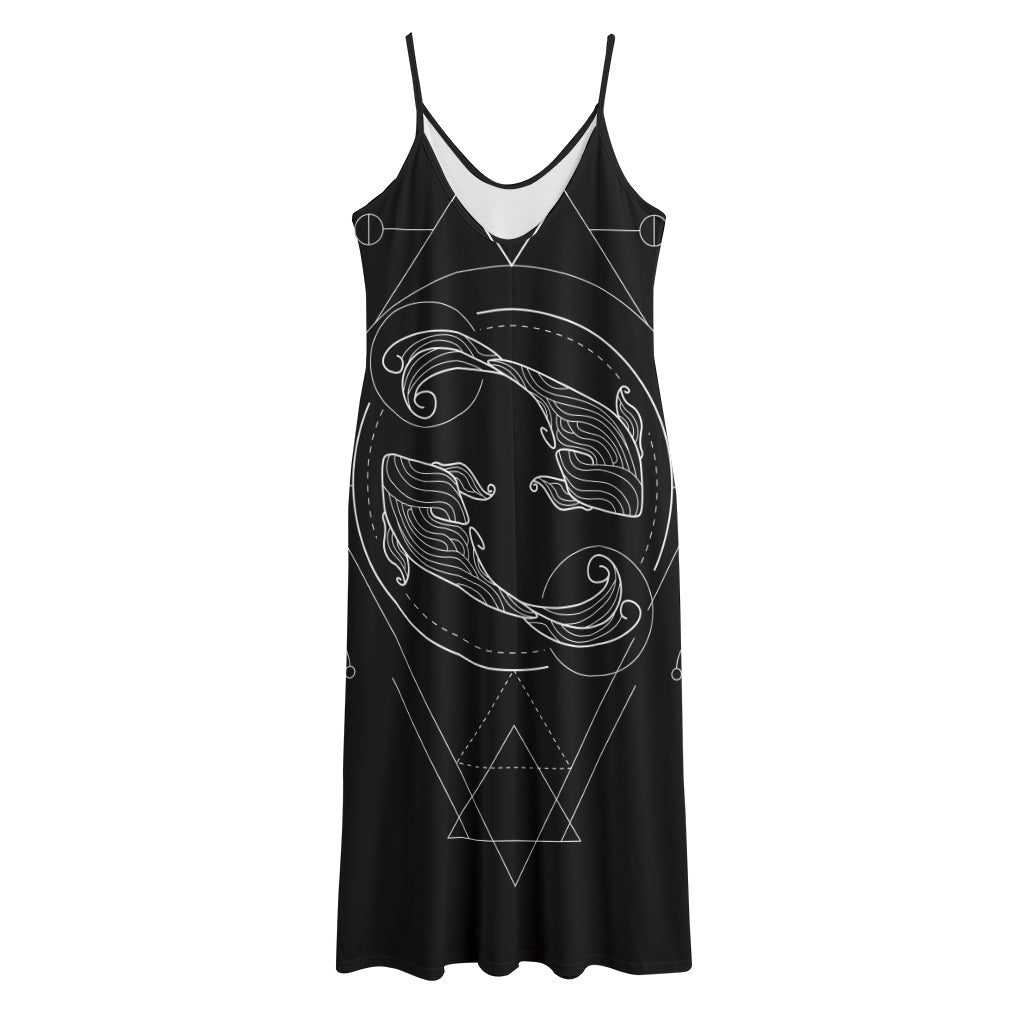 Black And White Pisces Sign Print Jersey Midi Cami Dress