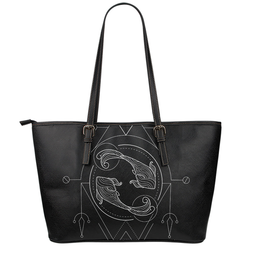 Black And White Pisces Sign Print Leather Tote Bag