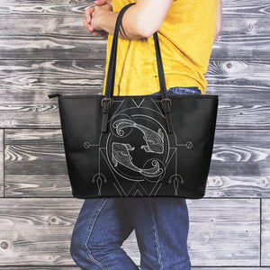 Black And White Pisces Sign Print Leather Tote Bag