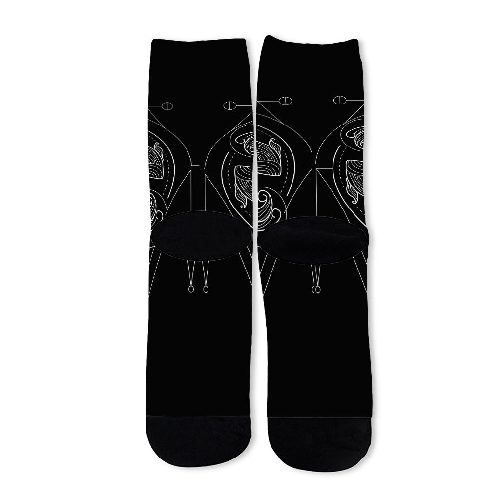 Black And White Pisces Sign Print Long Socks