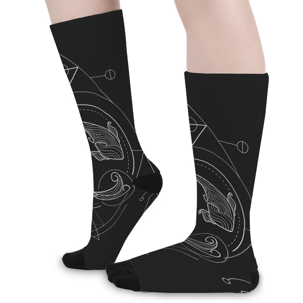 Black And White Pisces Sign Print Long Socks