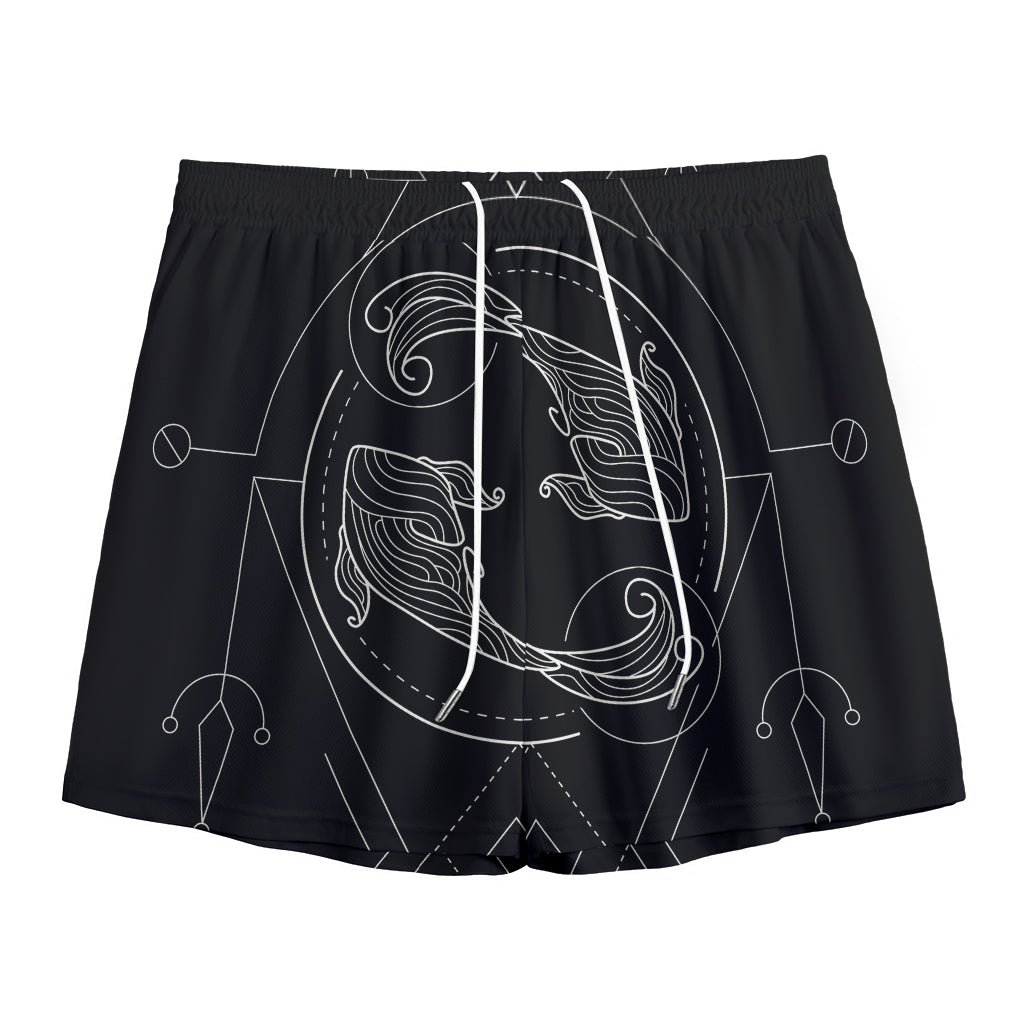 Black And White Pisces Sign Print Mesh Shorts