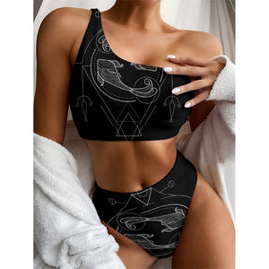 Black And White Pisces Sign Print One Shoulder Bikini Top