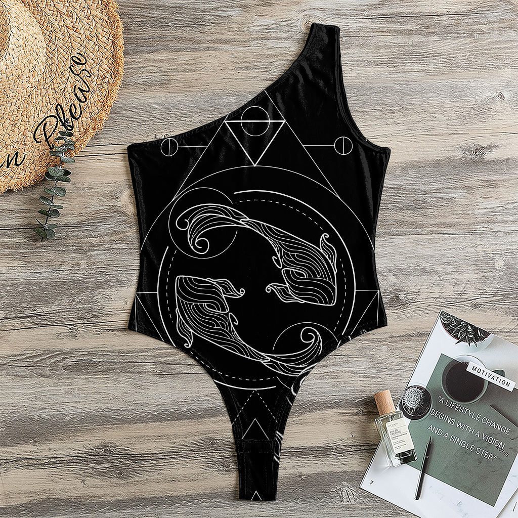 Black And White Pisces Sign Print One Shoulder Bodysuit