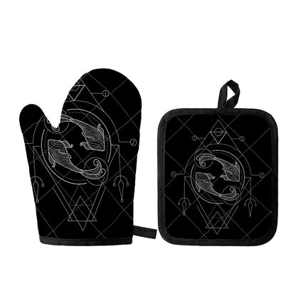 Black And White Pisces Sign Print Oven Mitt And Pot Holder Set