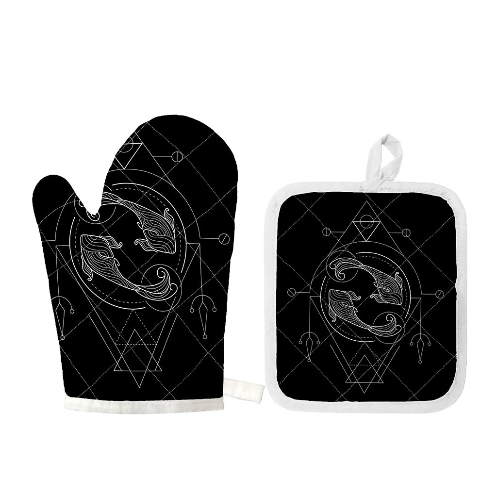 Black And White Pisces Sign Print Oven Mitt And Pot Holder Set