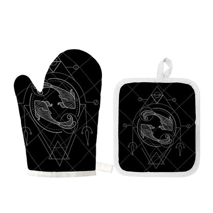 Black And White Pisces Sign Print Oven Mitt And Pot Holder Set