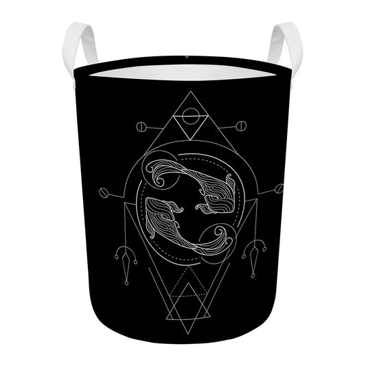 Black And White Pisces Sign Print Round Laundry Basket