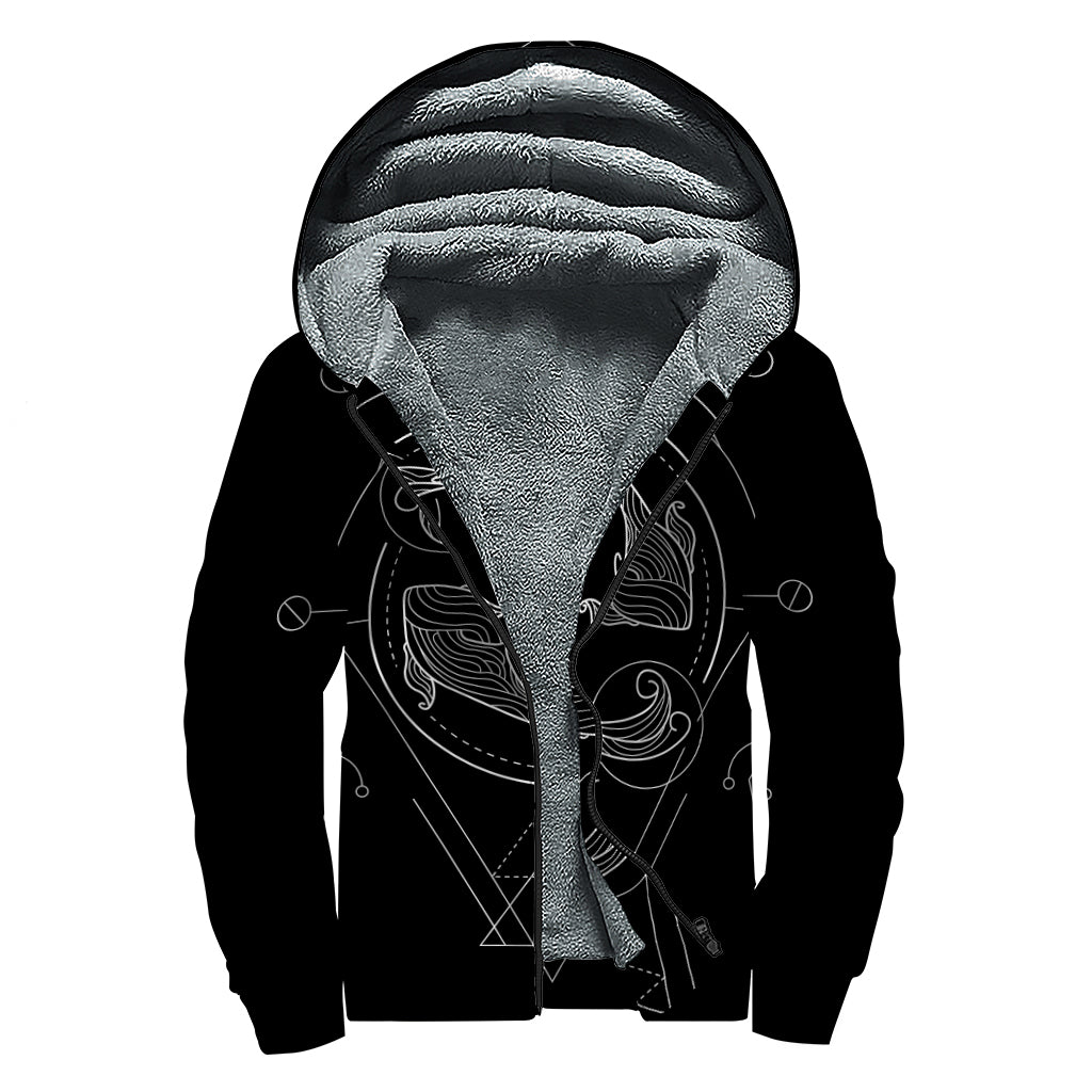 Black And White Pisces Sign Print Sherpa Lined Zip Up Hoodie
