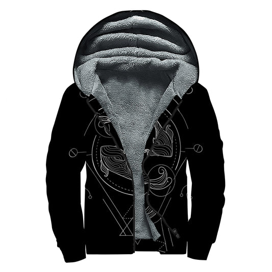 Black And White Pisces Sign Print Sherpa Lined Zip Up Hoodie
