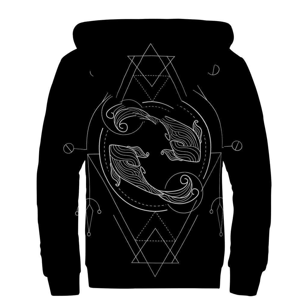 Black And White Pisces Sign Print Sherpa Lined Zip Up Hoodie