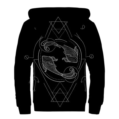 Black And White Pisces Sign Print Sherpa Lined Zip Up Hoodie