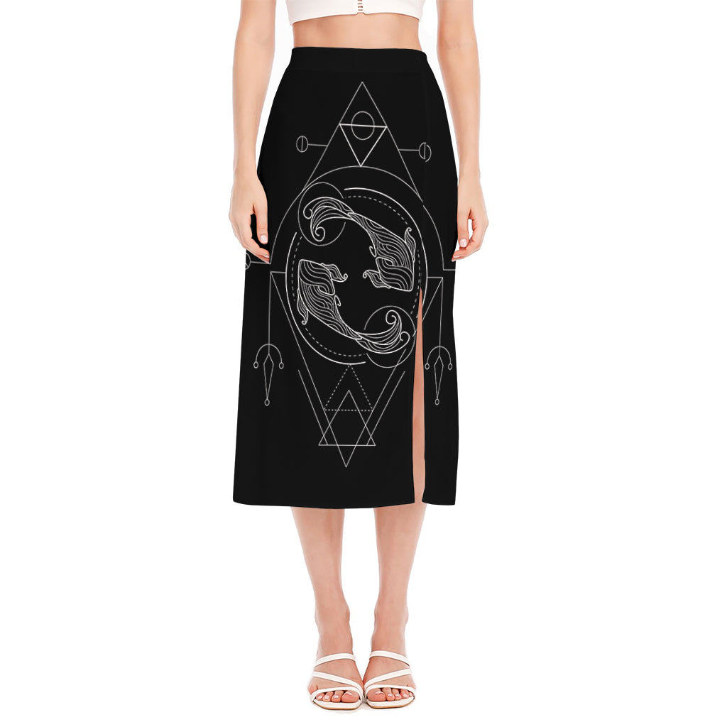 Black And White Pisces Sign Print Side Slit Midi Skirt