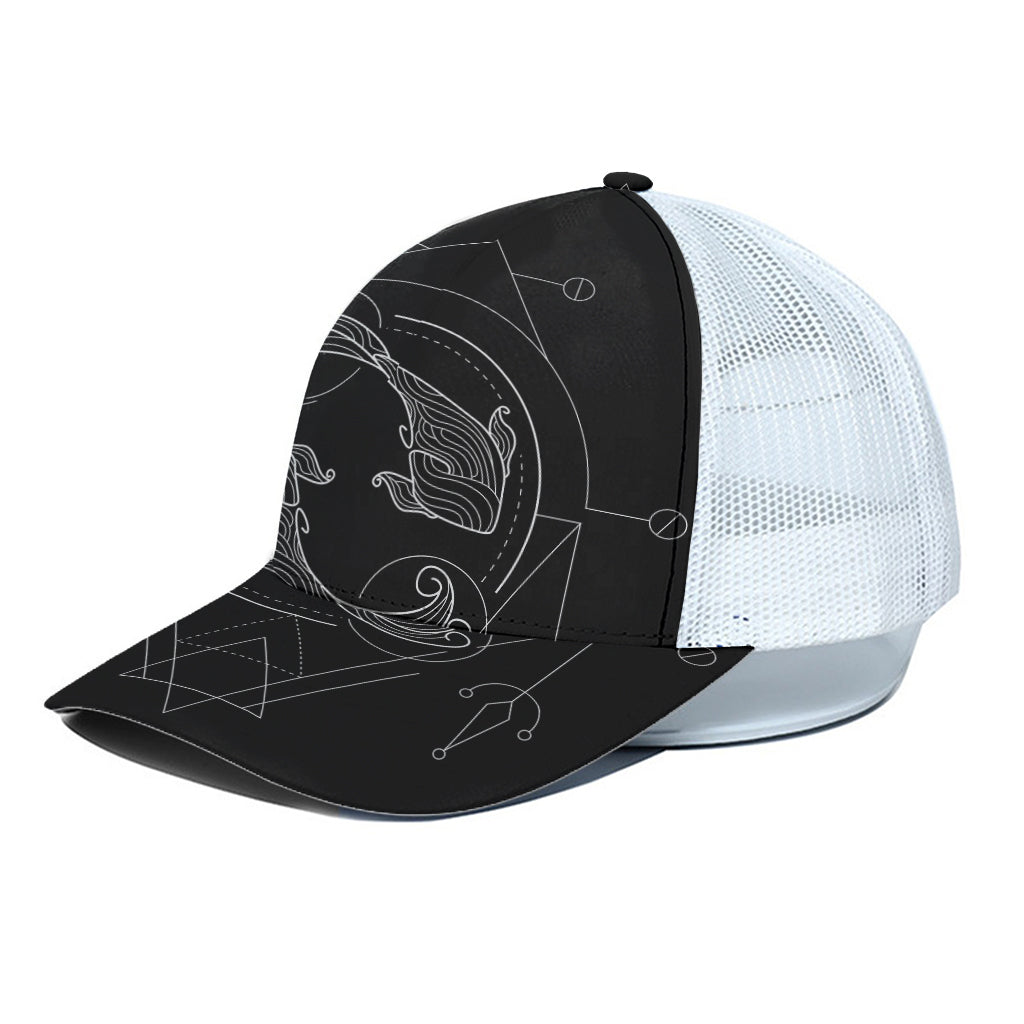 Black And White Pisces Sign Print White Mesh Trucker Cap