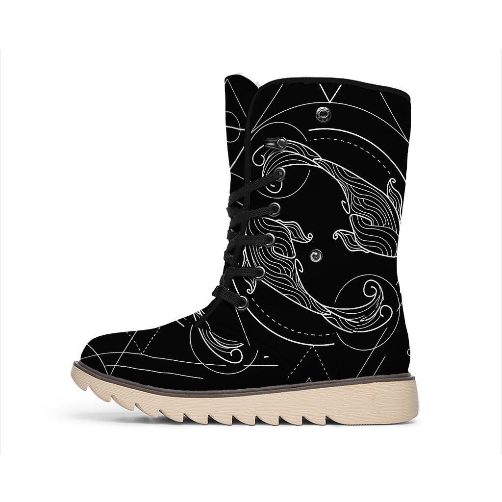Black And White Pisces Sign Print Winter Boots