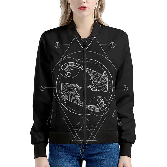 Black And White Pisces Sign Print Women's Bomber Jacket