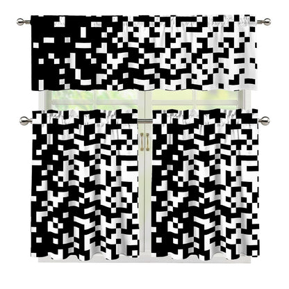 Black And White Pixel Pattern Print 3 Piece Kitchen Curtains