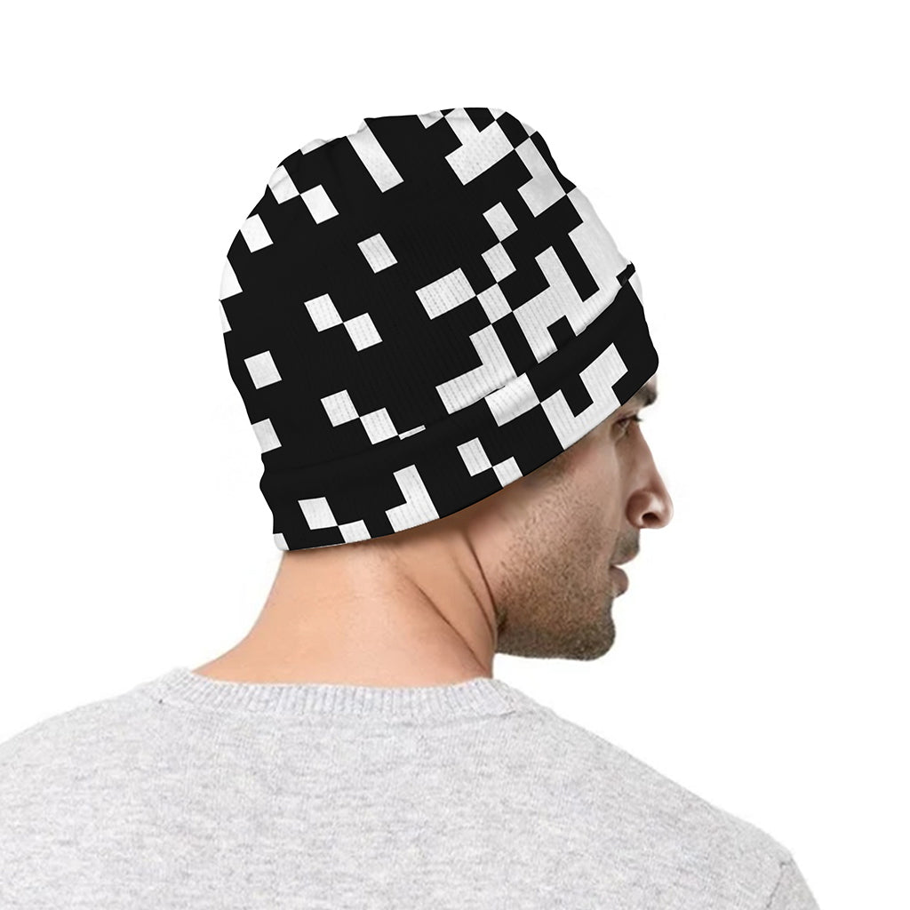 Black And White Pixel Pattern Print Beanie