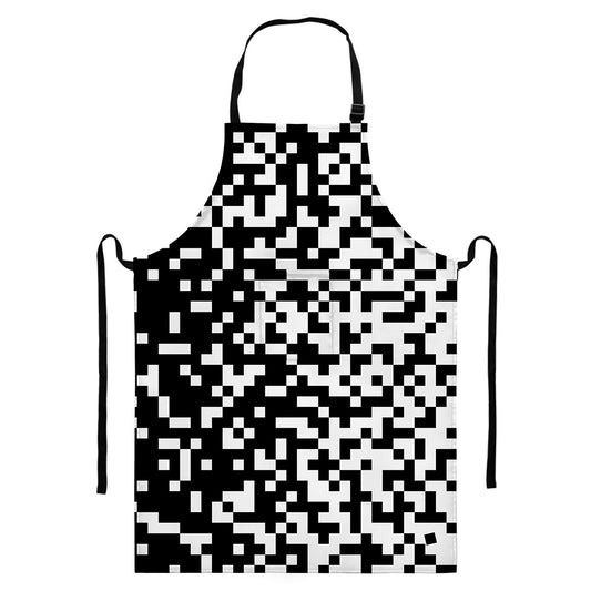 Black And White Pixel Pattern Print Bib Apron With Pocket