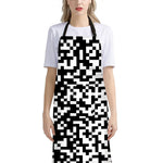 Black And White Pixel Pattern Print Bib Apron With Pocket