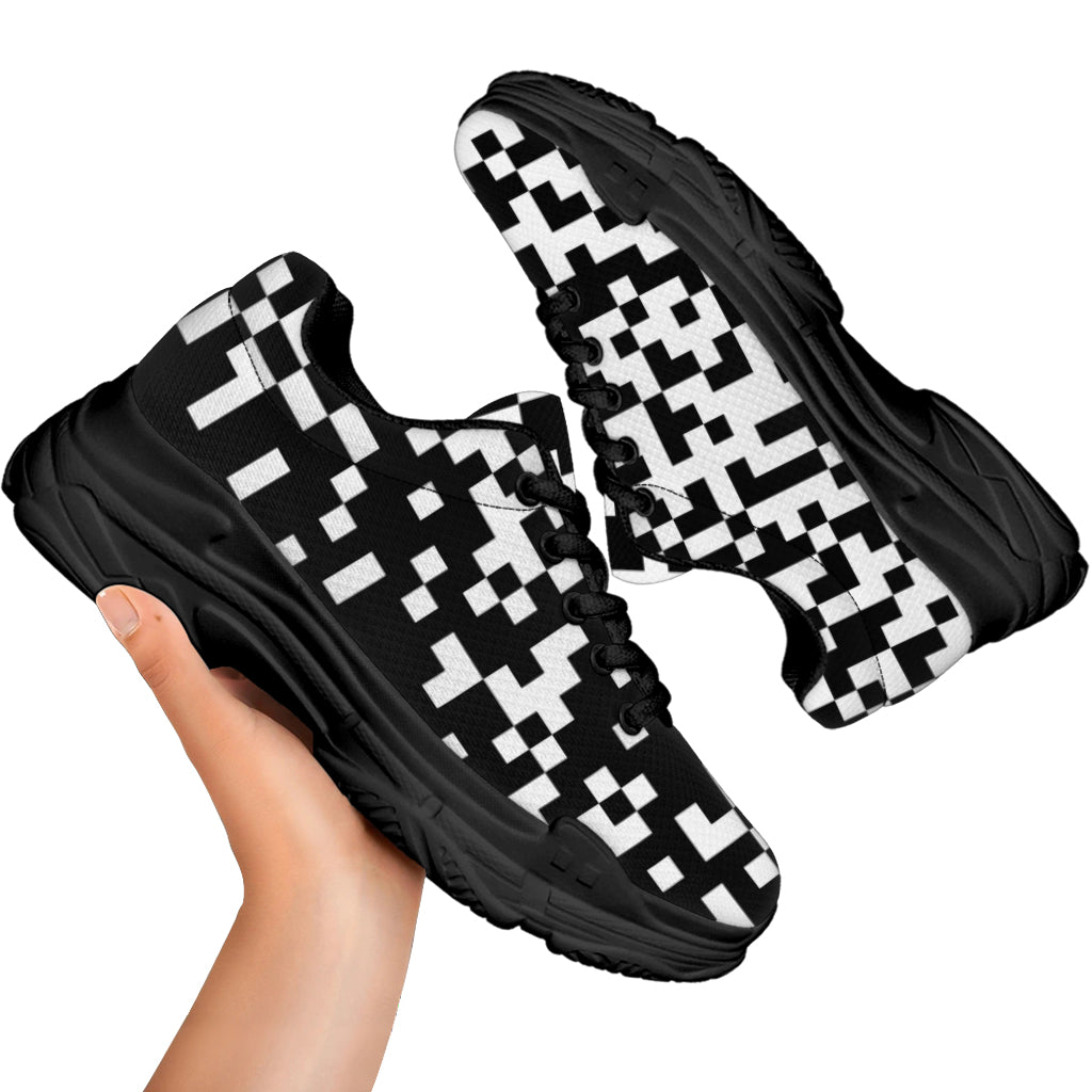 Black And White Pixel Pattern Print Black Chunky Shoes