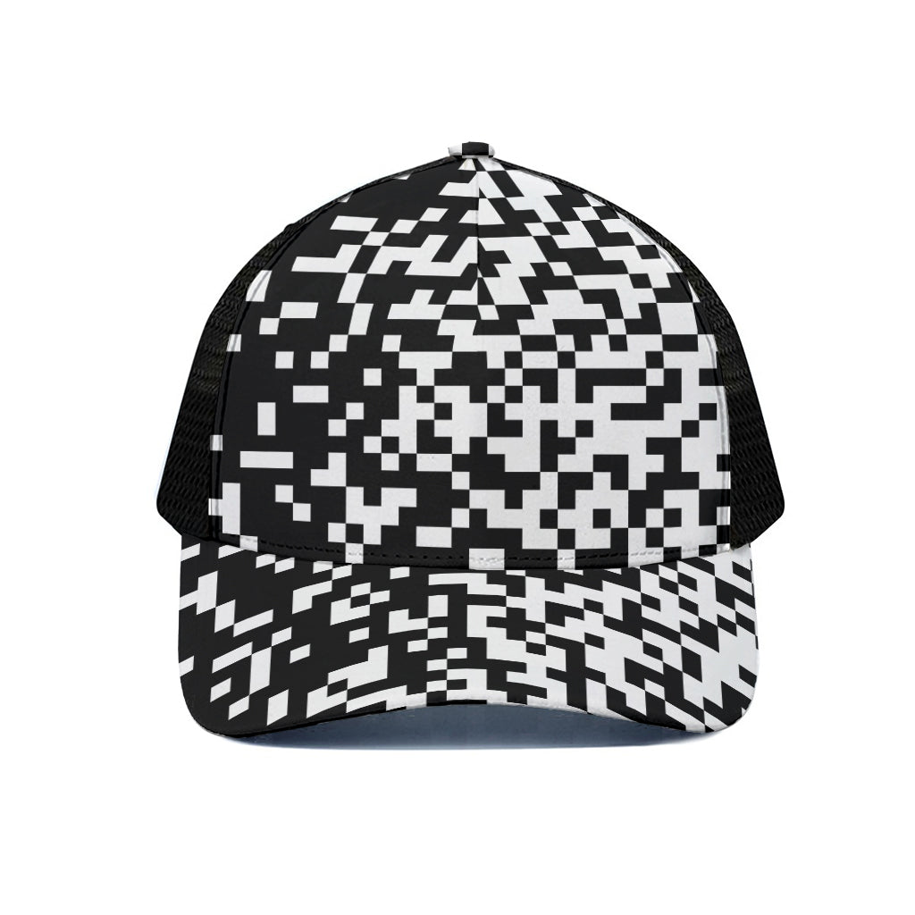 Black And White Pixel Pattern Print Black Mesh Trucker Cap