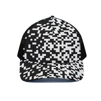 Black And White Pixel Pattern Print Black Mesh Trucker Cap