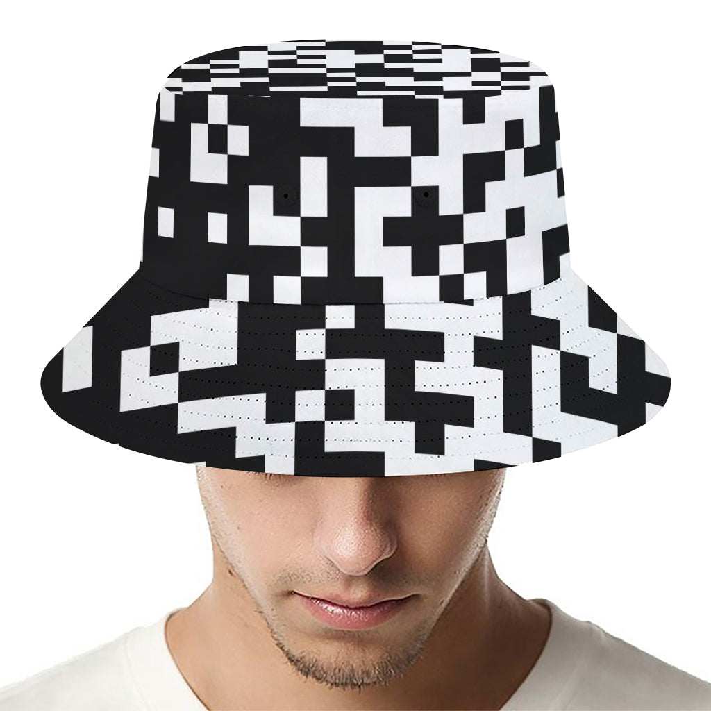 Black And White Pixel Pattern Print Bucket Hat