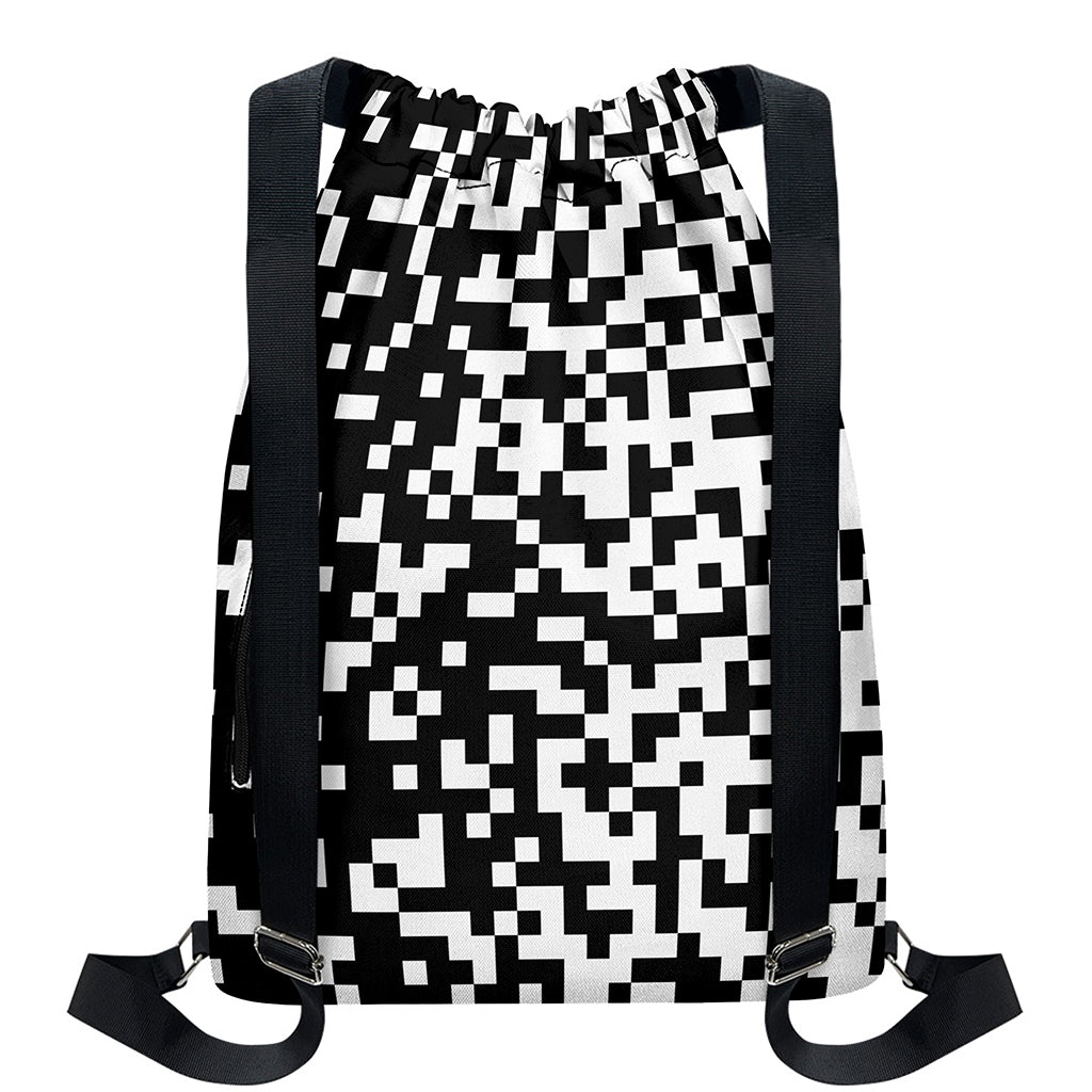 Black And White Pixel Pattern Print Drawstring Backpack