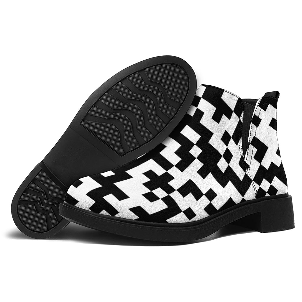 Black And White Pixel Pattern Print Flat Ankle Boots