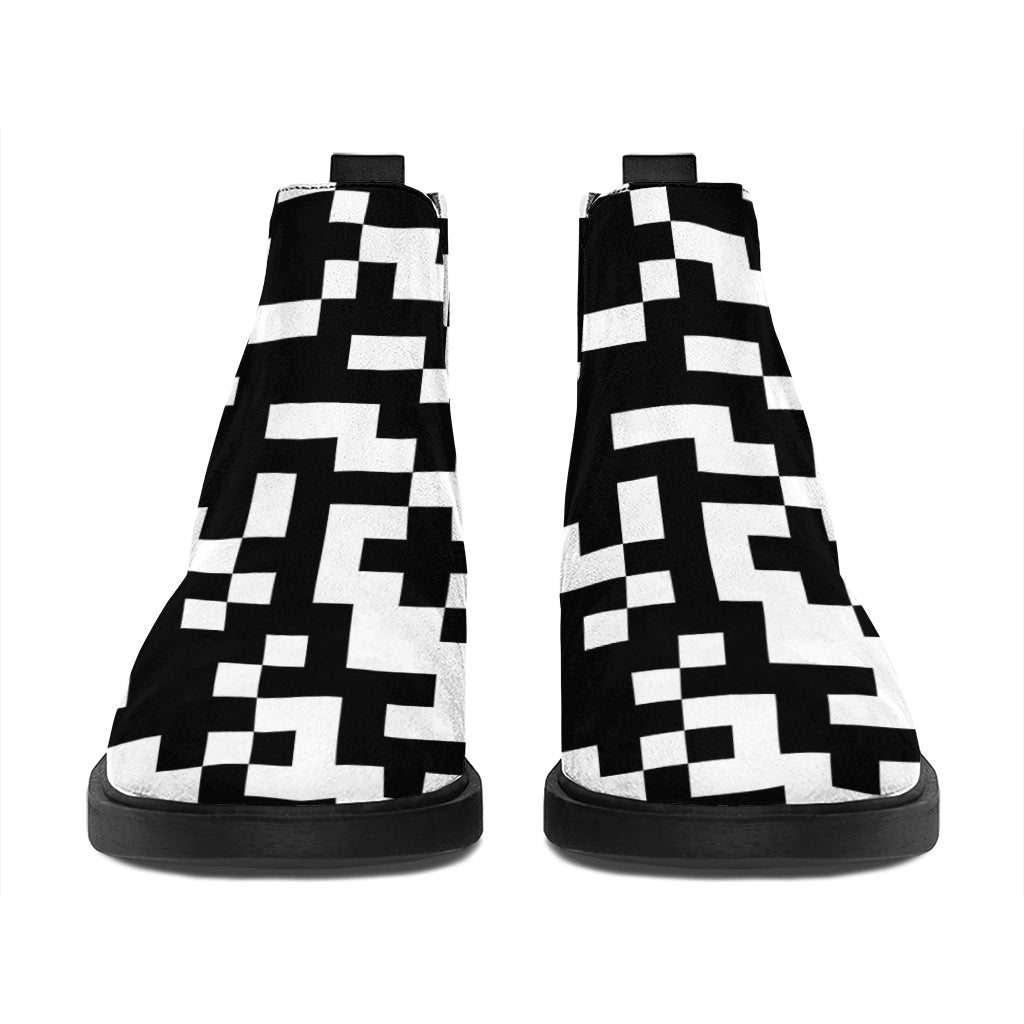 Black And White Pixel Pattern Print Flat Ankle Boots