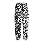 Black And White Pixel Pattern Print Fleece Lined Knit Pants
