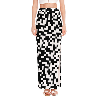 Black And White Pixel Pattern Print High Slit Maxi Skirt