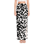 Black And White Pixel Pattern Print High Slit Maxi Skirt