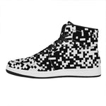 Black And White Pixel Pattern Print High Top Leather Sneakers